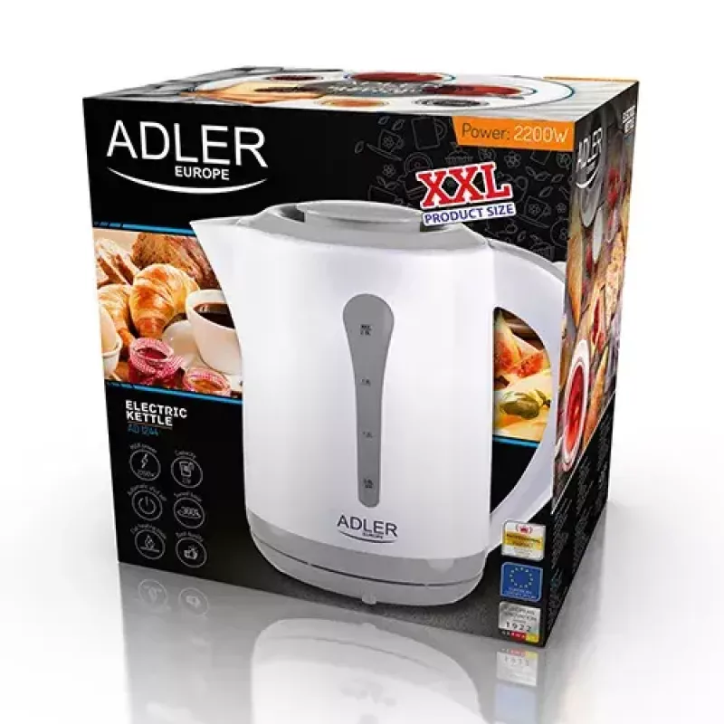 Hervidor de agua eléctrico Adler AD 1244 — 2,5 L, 2200 W, blanco, resistencia oculta