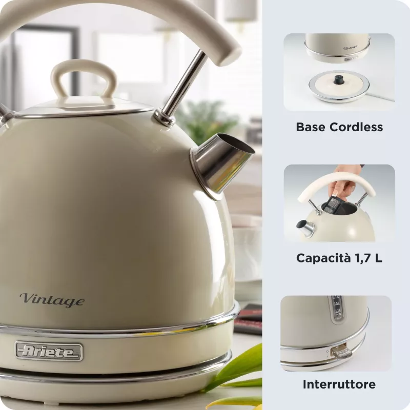 Hervidor de agua Ariete 2877 Vintage, 1,7 L, inalámbrico, beige, 1,7 L, 2000 W, beige, indicador de nivel de agua, inalámbrico, filtro