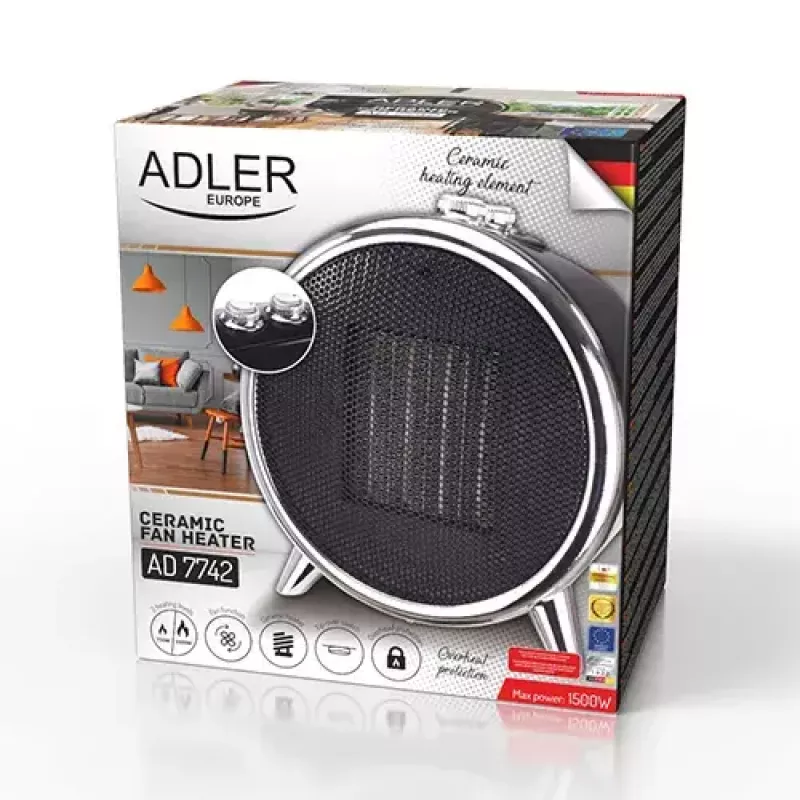 Calefactor de cerámica eléctrico Adler AD 7742 — 1500/750 W, de pie, 220–240 V, negro/plata