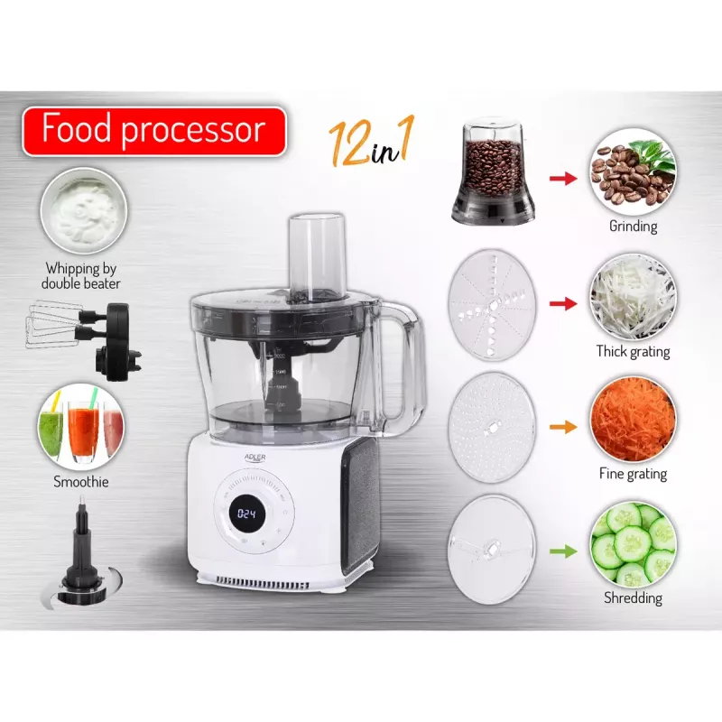 Adler AD 4224 robot de cocina, 1000 W, bol de 2 l, 7 velocidades, blanco