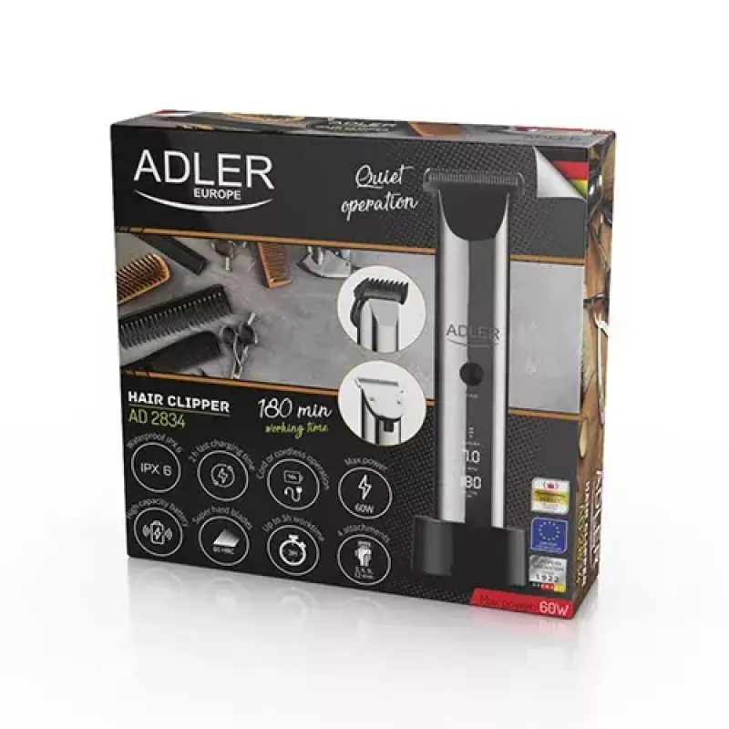 Adler AD 2834 cortapelos, de 3 mm a 1,2 cm, 4 peines, LCD, plateado