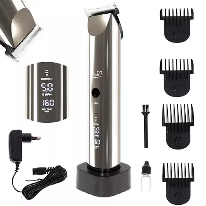 Adler AD 2834 cortapelos, de 3 mm a 1,2 cm, 4 peines, LCD, plateado
