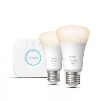 Kit de inicio Philips Hue White: 2 bombillas inteligentes E27 (1100), kit de iluminación inteligente, Bluetooth/Zigbee, blanco, LED, E27, A60