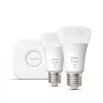 Kit de inicio Philips Hue White: 2 bombillas inteligentes E27 (1100), kit de iluminación inteligente, Bluetooth/Zigbee, blanco, LED, E27, A60