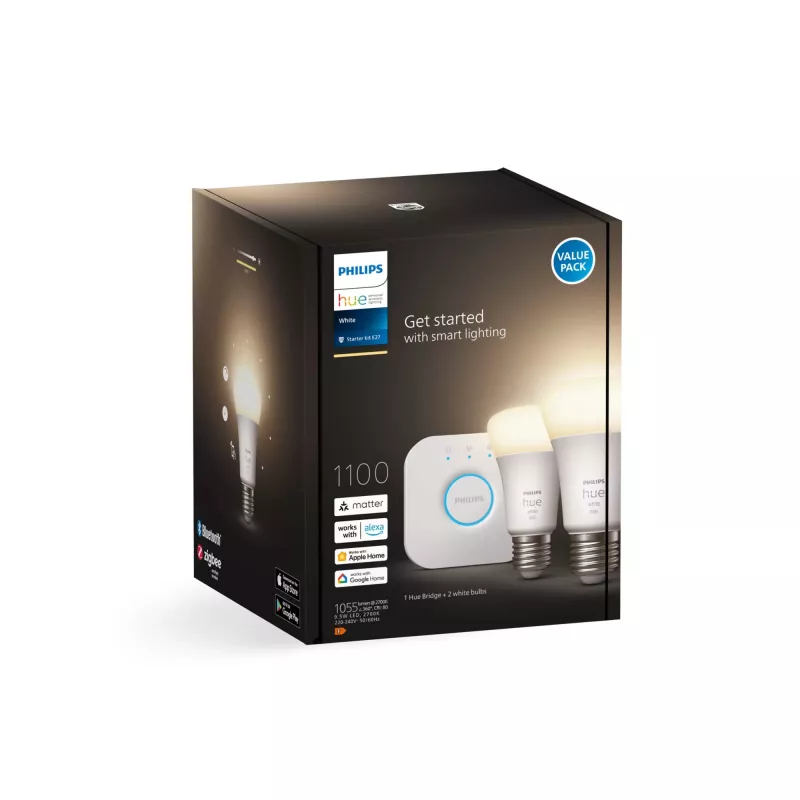 Kit de inicio Philips Hue White: 2 bombillas inteligentes E27 (1100), kit de iluminación inteligente, Bluetooth/Zigbee, blanco, LED, E27, A60