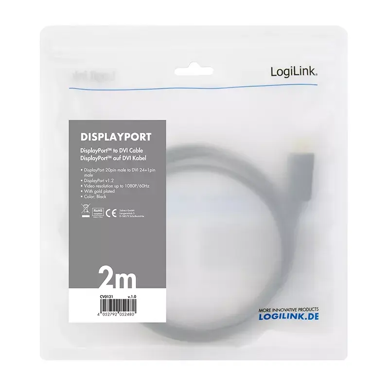 Adaptador de cable de vídeo LogiLink CV0130 1 m DisplayPort DVI negro