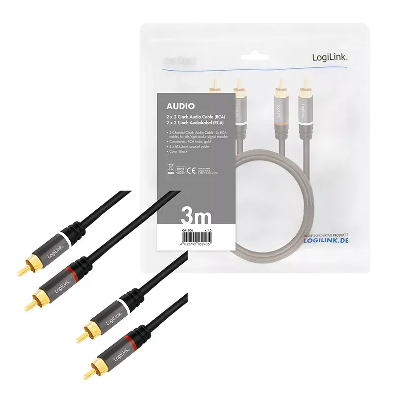 Cable de audio LogiLink CA1206 3 m 2xCinch conector macho negro