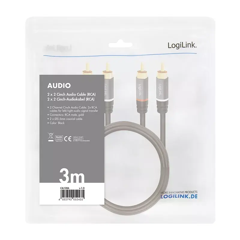 Cable de audio LogiLink CA1206 3 m 2xCinch conector macho negro