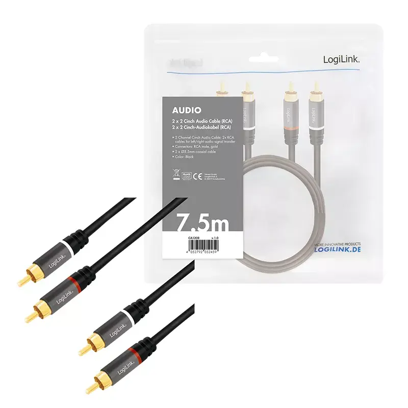Cable de audio LogiLink CA1208 7,5 m 2 x Cinch negro