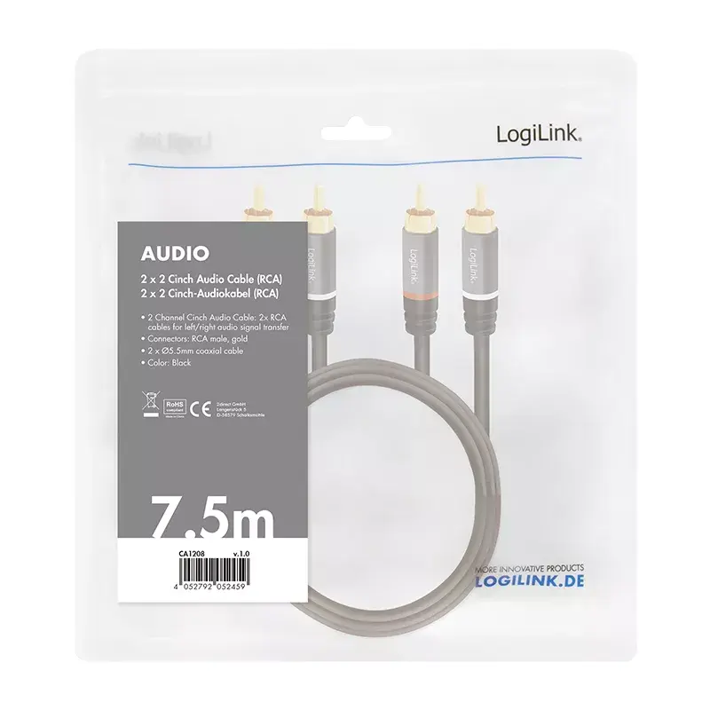 Cable de audio LogiLink CA1208 7,5 m 2 x Cinch negro