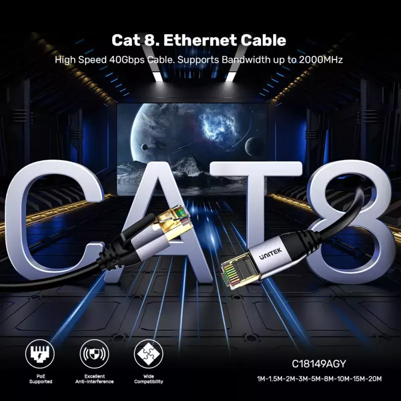 Cable de red UNITEK C18149AGY03-2M RJ-45 Cat8 2 m negro