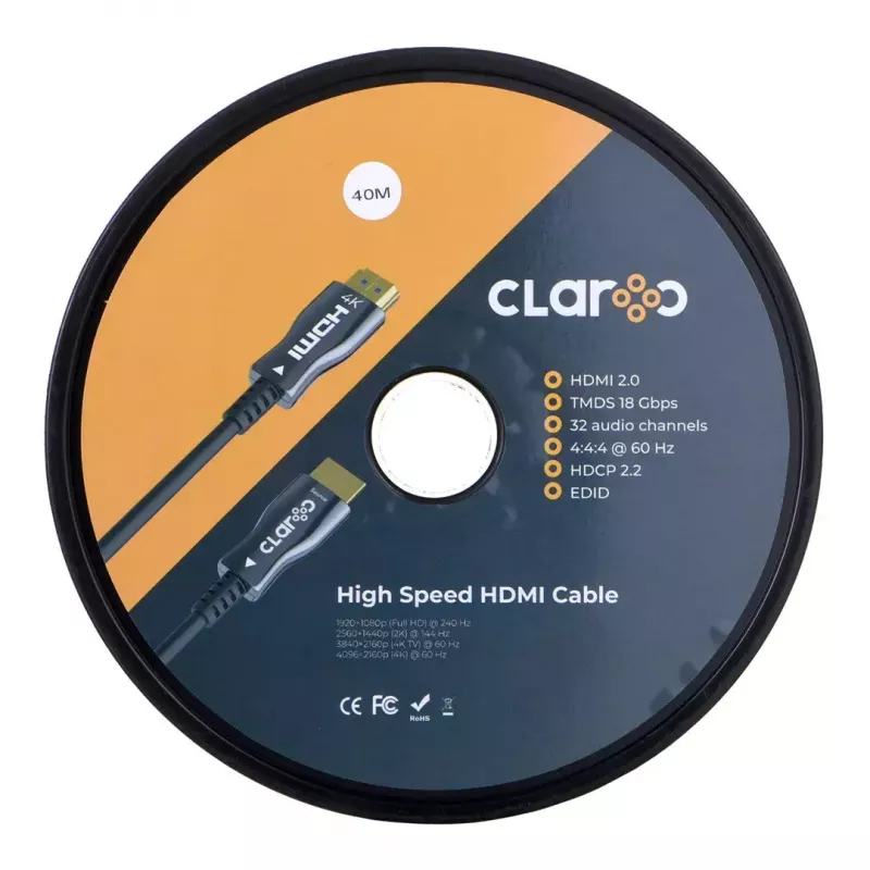 claroc FEN-HDMI-20-40M, cable HDMI de fibra óptica, cable óptico activo (AOC) HDMI 2.0, 4K, 40 m