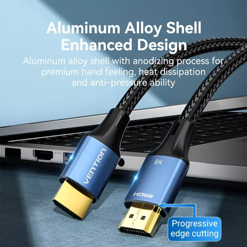 Cable HDMI Vention 2.1 8K 2 m, funda de algodón trenzado, 48 Gbit/s, 120 Hz, HDMI Type-A macho–macho, azul