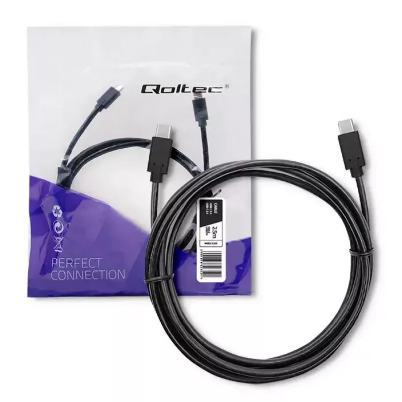 Qoltec 52352 cable USB-C a USB-C, USB 3.1, 5 Gbit/s, 2,5 m, negro