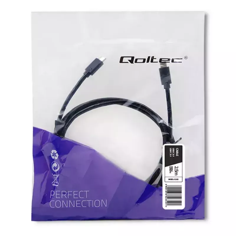 Qoltec 52352 cable USB-C a USB-C, USB 3.1, 5 Gbit/s, 2,5 m, negro