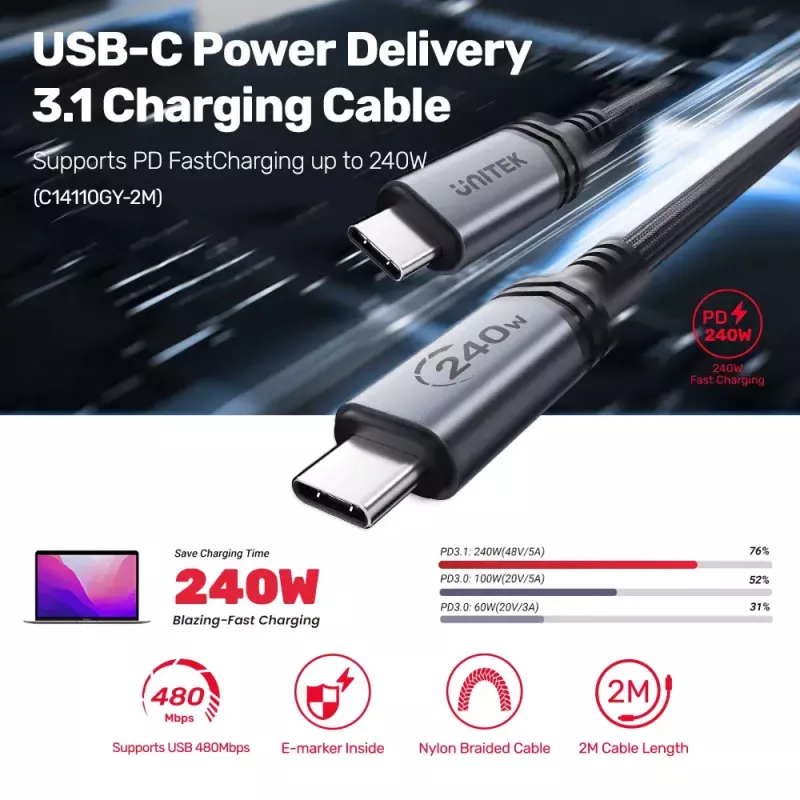 Unitek C14110GY-2M cable de carga USB-C a USB-C, PD 240 W (48 V/5 A), 2 m, negro-gris