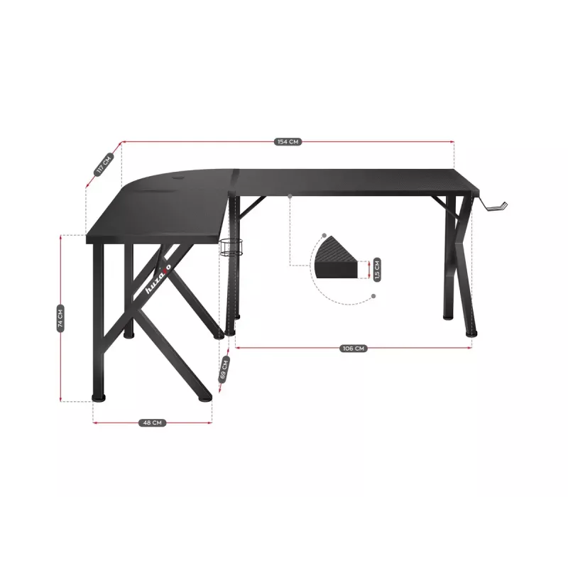 Huzaro Hero 6.3 escritorio gaming, 154×48×74 cm, tablero de 1,5 cm, negro