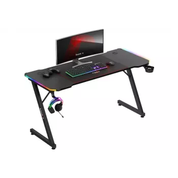 Escritorio gaming huzaro Hero 3.3 RGB — tablero recto negro 1400x600 mm, iluminación LED, portavasos, soporte para auriculares