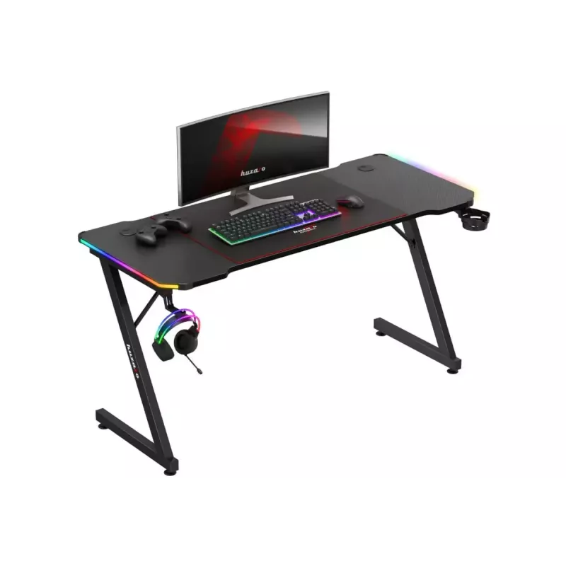 Escritorio gaming huzaro Hero 3.3 RGB — tablero recto negro 1400x600 mm, iluminación LED, portavasos, soporte para auriculares