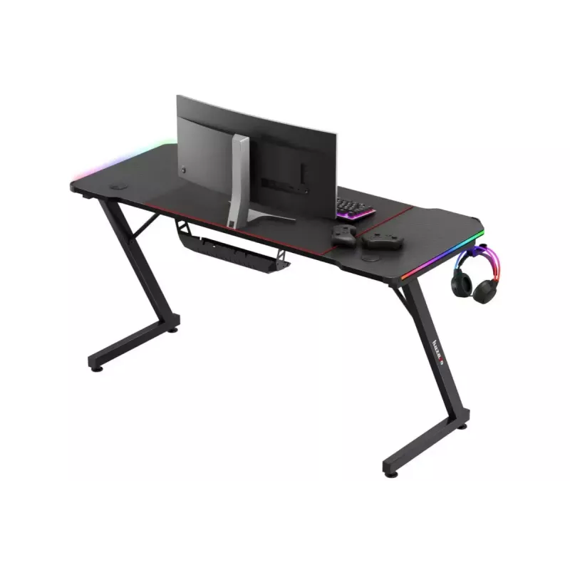 Escritorio gaming huzaro Hero 3.3 RGB — tablero recto negro 1400x600 mm, iluminación LED, portavasos, soporte para auriculares