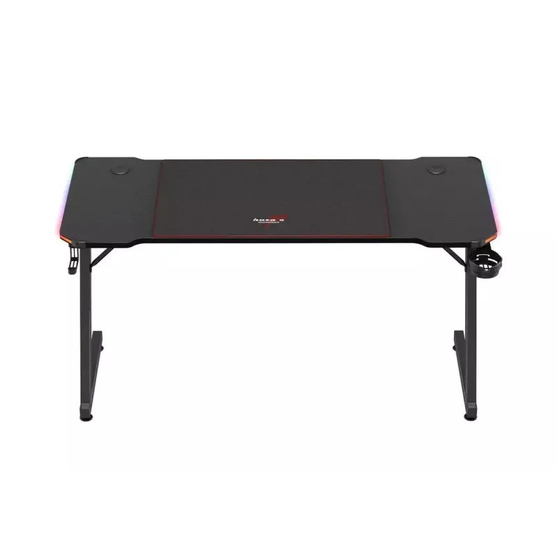 Escritorio gaming huzaro Hero 3.3 RGB — tablero recto negro 1400x600 mm, iluminación LED, portavasos, soporte para auriculares