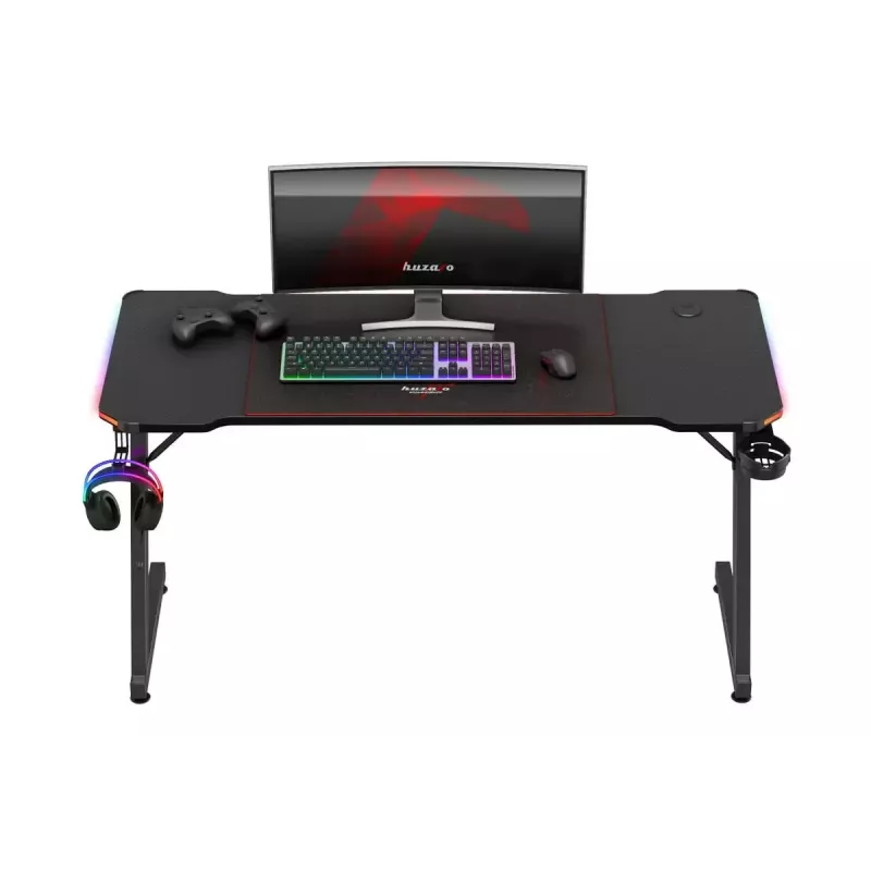 Escritorio gaming huzaro Hero 3.3 RGB — tablero recto negro 1400x600 mm, iluminación LED, portavasos, soporte para auriculares