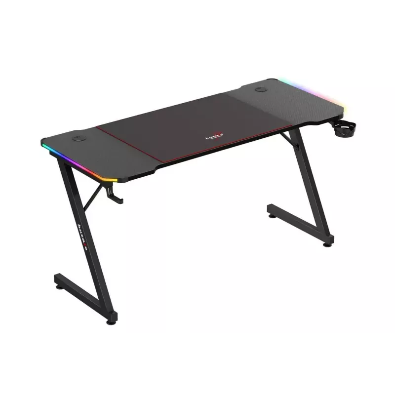 Escritorio gaming huzaro Hero 3.3 RGB — tablero recto negro 1400x600 mm, iluminación LED, portavasos, soporte para auriculares