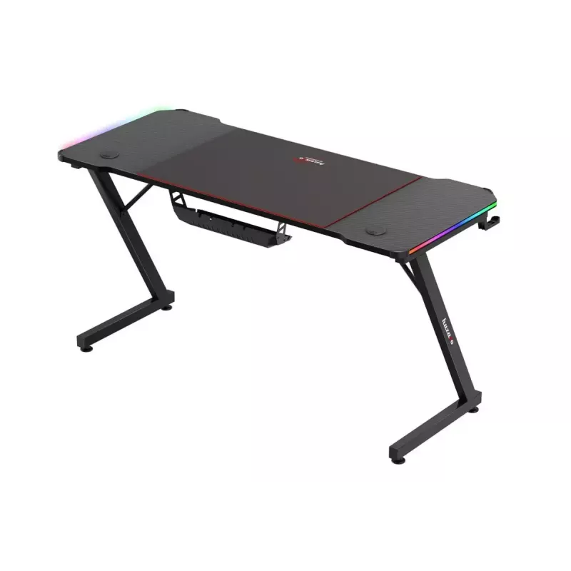 Escritorio gaming huzaro Hero 3.3 RGB — tablero recto negro 1400x600 mm, iluminación LED, portavasos, soporte para auriculares