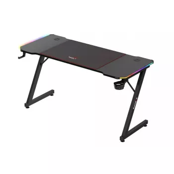 Escritorio gaming huzaro Hero 3.3 RGB — tablero recto negro 1400x600 mm, iluminación LED, portavasos, soporte para auriculares