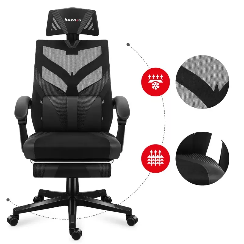 Silla gaming Huzaro Combat 5.0 Asiento de malla Negra — asiento de malla, respaldo transpirable, inclinación 90–140°, carga máx. 140 kg, reposabrazos, reposapiés
