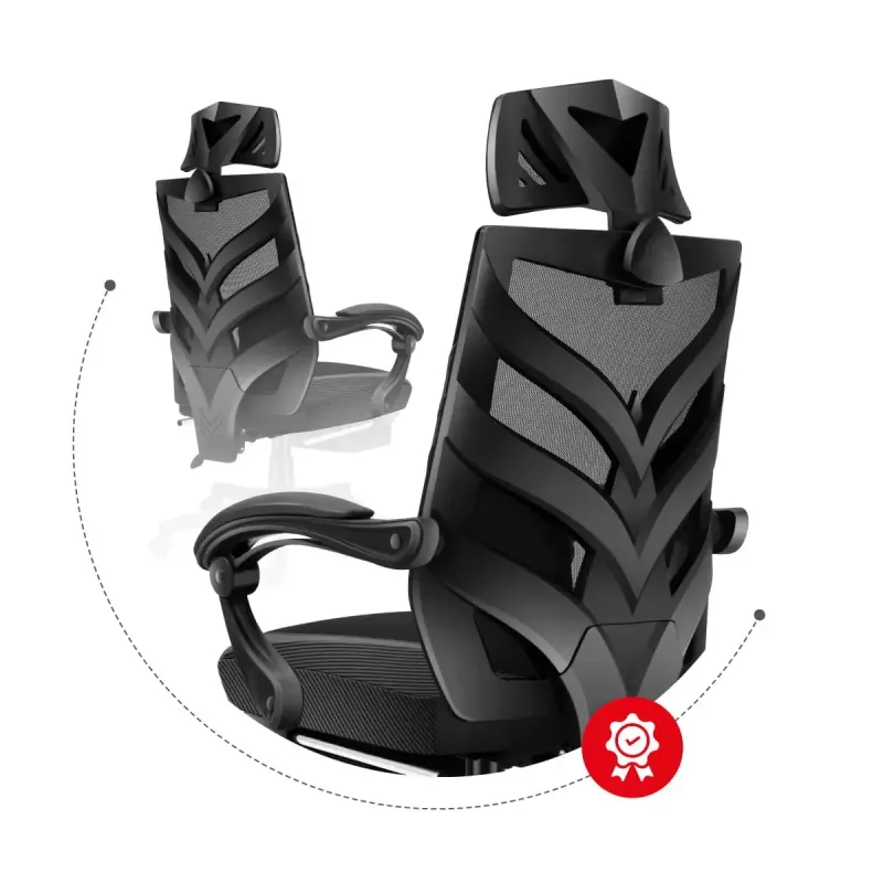 Silla gaming Huzaro Combat 5.0 Asiento de malla Negra — asiento de malla, respaldo transpirable, inclinación 90–140°, carga máx. 140 kg, reposabrazos, reposapiés