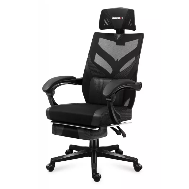 Silla gaming Huzaro Combat 5.0 Asiento de malla Negra — asiento de malla, respaldo transpirable, inclinación 90–140°, carga máx. 140 kg, reposabrazos, reposapiés