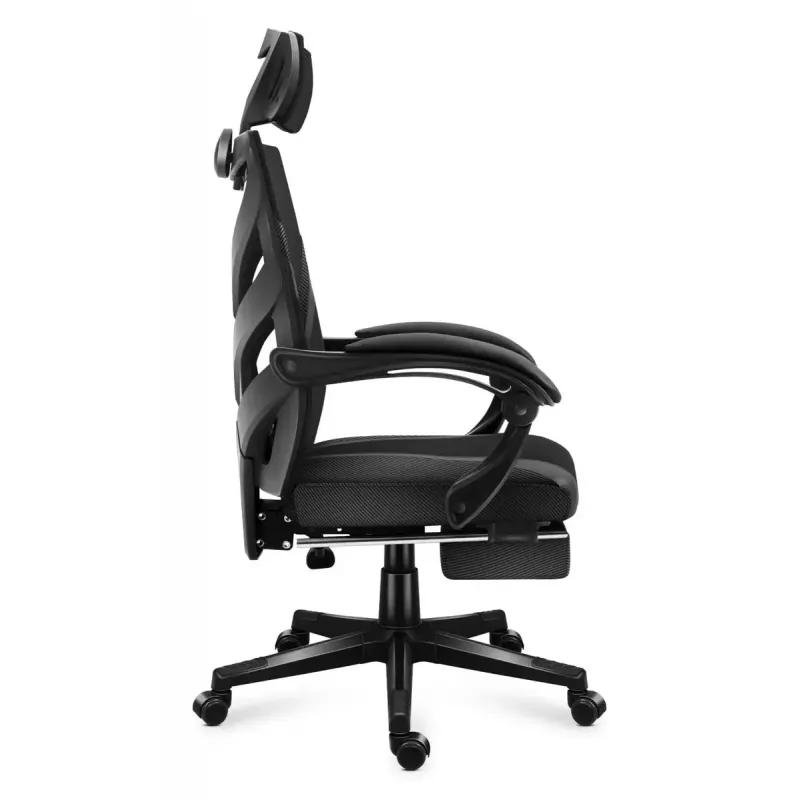 Silla gaming Huzaro Combat 5.0 Asiento de malla Negra — asiento de malla, respaldo transpirable, inclinación 90–140°, carga máx. 140 kg, reposabrazos, reposapiés