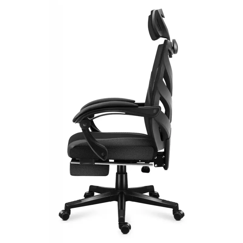 Silla gaming Huzaro Combat 5.0 Asiento de malla Negra — asiento de malla, respaldo transpirable, inclinación 90–140°, carga máx. 140 kg, reposabrazos, reposapiés