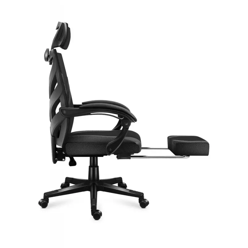 Silla gaming Huzaro Combat 5.0 Asiento de malla Negra — asiento de malla, respaldo transpirable, inclinación 90–140°, carga máx. 140 kg, reposabrazos, reposapiés
