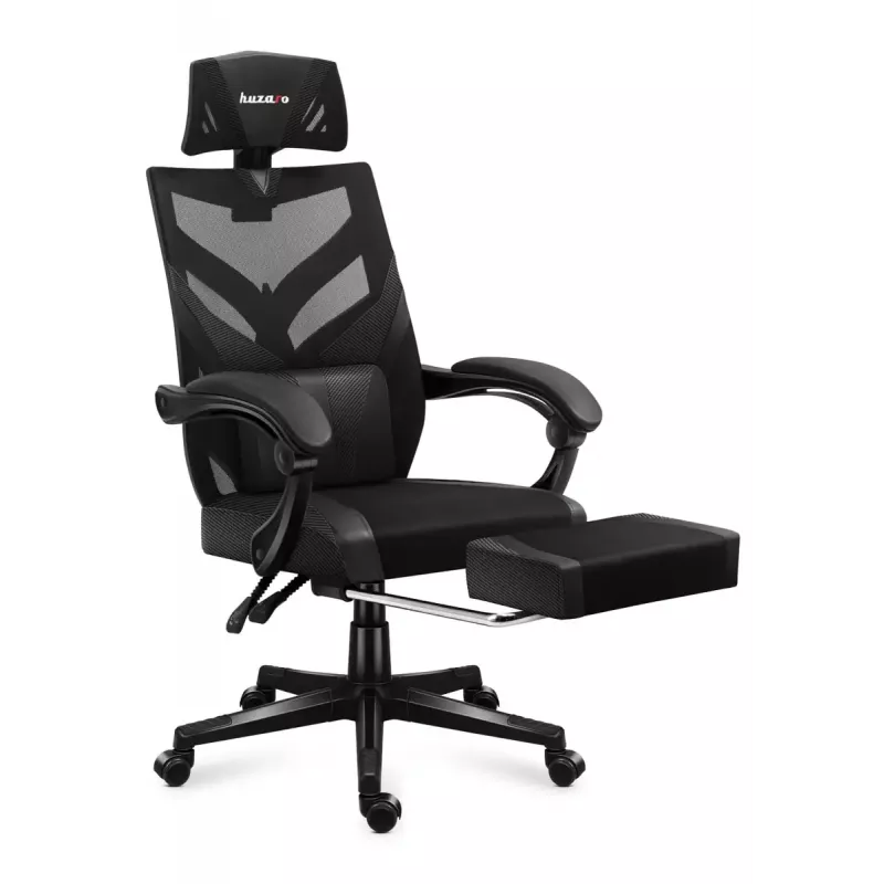 Silla gaming Huzaro Combat 5.0 Asiento de malla Negra — asiento de malla, respaldo transpirable, inclinación 90–140°, carga máx. 140 kg, reposabrazos, reposapiés