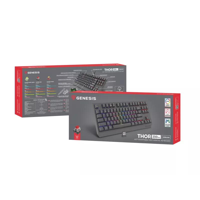 Teclado gaming mecánico tenkeyless GENESIS Thor 230 TKL — USB, RF Wireless, Bluetooth, 87 teclas QWERTY, Gris