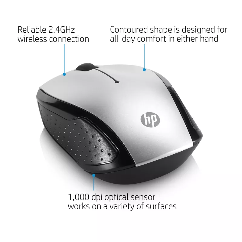 Ratón inalámbrico HP 200 (Pike Silver), ambidiestro, óptico, RF Wireless, 1000 DPI, Plata