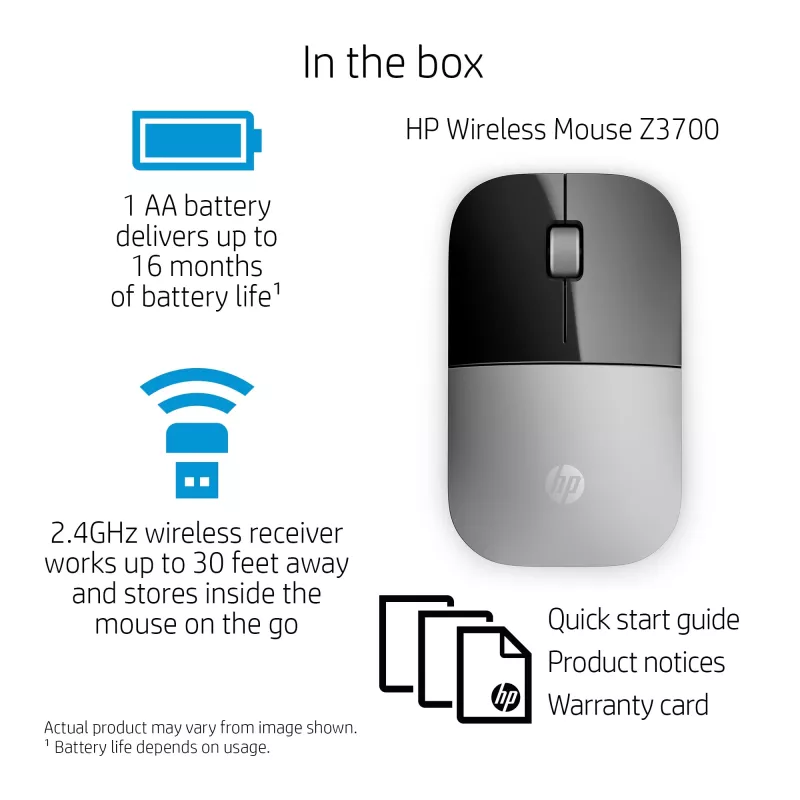 Ratón inalámbrico HP Z3700 Plata, ambidiestro, óptico, RF Wireless, 1200 DPI, Plata