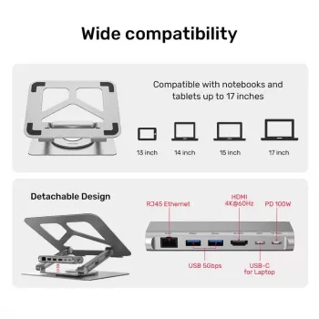 Soporte para portátil Unitek D1109A – soporte ajustable de aluminio con hub USB-C, HDMI, Gigabit Ethernet (apto para 14–17