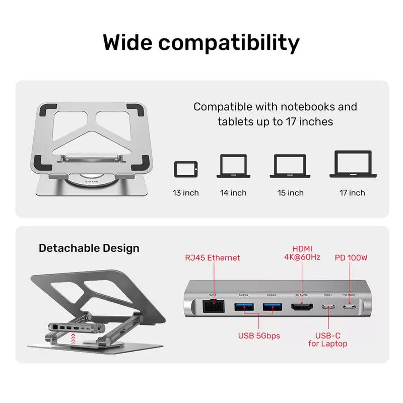 Unitek D1109A soporte para portátil plegable y giratorio con hub USB-C, HDMI 4K, PD 100 W, hasta 17 pulgadas (43,2 cm)