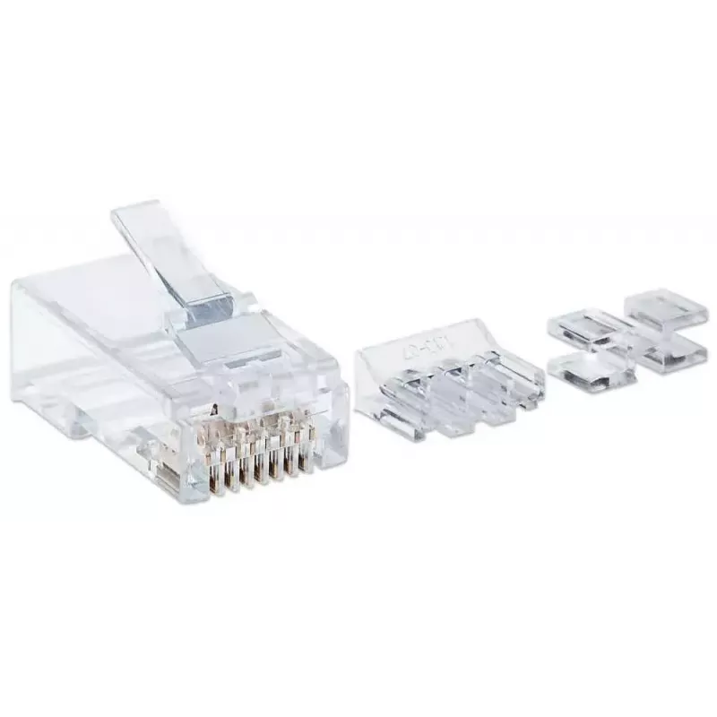 Conector modular RJ45 Intellinet Pro Line, Cat6A, UTP, 3 puntas, para cable rígido, contactos chapados en oro de 50 µ, pack de 80