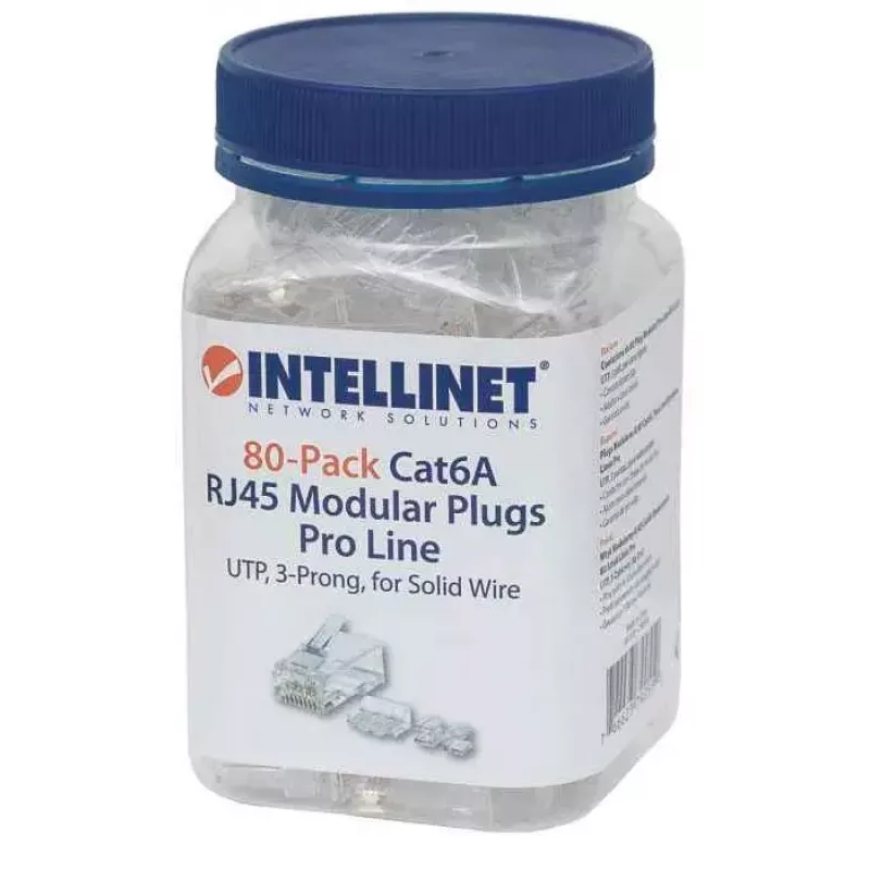 Conector modular RJ45 Intellinet Pro Line, Cat6A, UTP, 3 puntas, para cable rígido, contactos chapados en oro de 50 µ, pack de 80