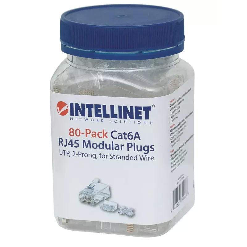 Conector modular RJ45 Intellinet, Cat6A, UTP, 2 puntas, para cable flexible, contactos chapados en oro de 15 µ, pack de 80