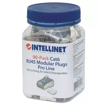 Conector modular RJ45 Intellinet Pro Line, Cat6, STP, 3 puntas, para conductor rígido y flexible, contactos chapados en oro de 50 µ, 90 uds.