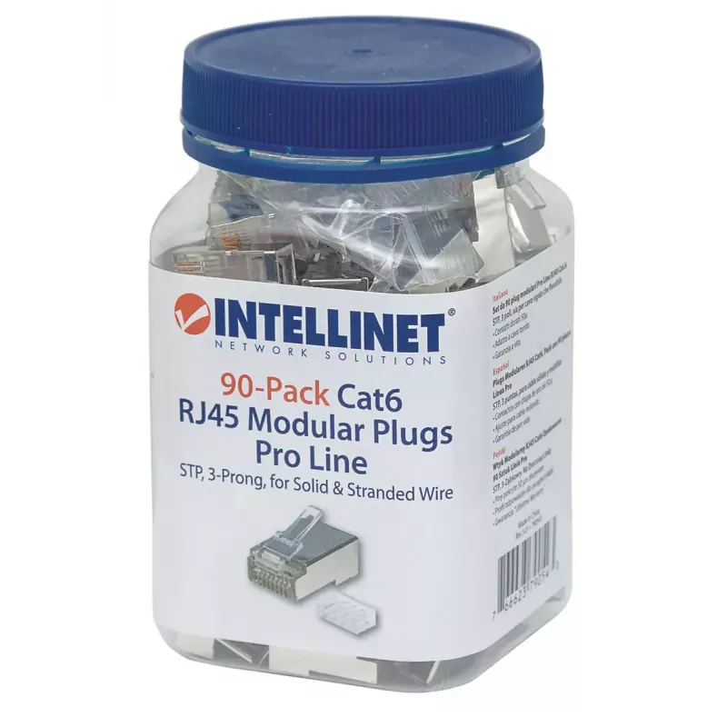 Conector modular RJ45 Intellinet Pro Line, Cat6, STP, 3 puntas, para conductor rígido y flexible, contactos chapados en oro de 50 µ, 90 uds.