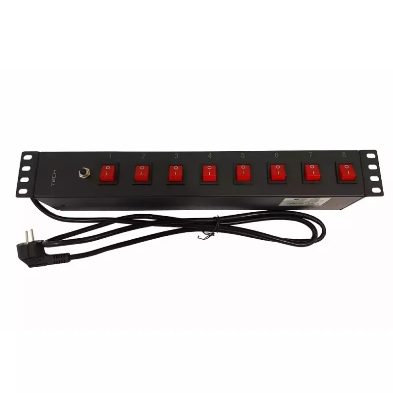 Regleta de enchufes Techly 8 tomas 19 pulgadas rack con 8 interruptores ON/OFF 1,5HE