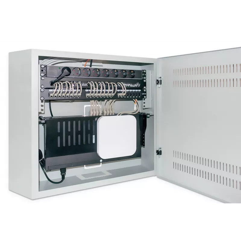 Intellinet 713641 armario mural de perfil bajo de 19 pulgadas, carriles 4U horizontales + 2U verticales, 170 mm (6,7 pulgadas) de profundidad, 540x550 mm, puerta con cerradura, 60 kg, IP20, gris RAL 7035
