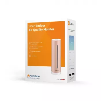Monitor de calidad del aire interior Netatmo Smart Indoor Air Quality Monitor — CO2 0–5000 ppm, temperatura 0–50 °C, ruido, WLAN/Bluetooth, alimentación por red, aluminio, oro rosa