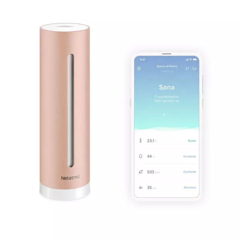 Netatmo NHC-EC Healthy Home Coach monitor inteligente de calidad del aire interior, CO2 0–5000 ppm, humedad, temperatura, ruido 35–120 dB, Wi-Fi, Apple HomeKit, alimentación de red